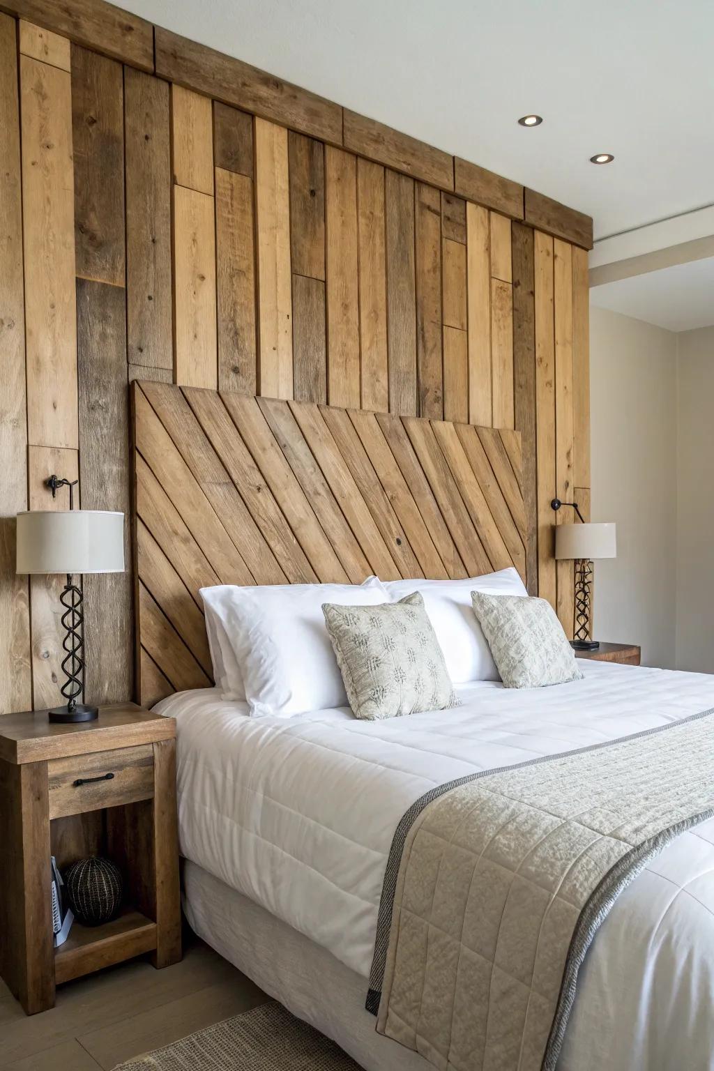 Wood planks create a timeless and elegant headboard.