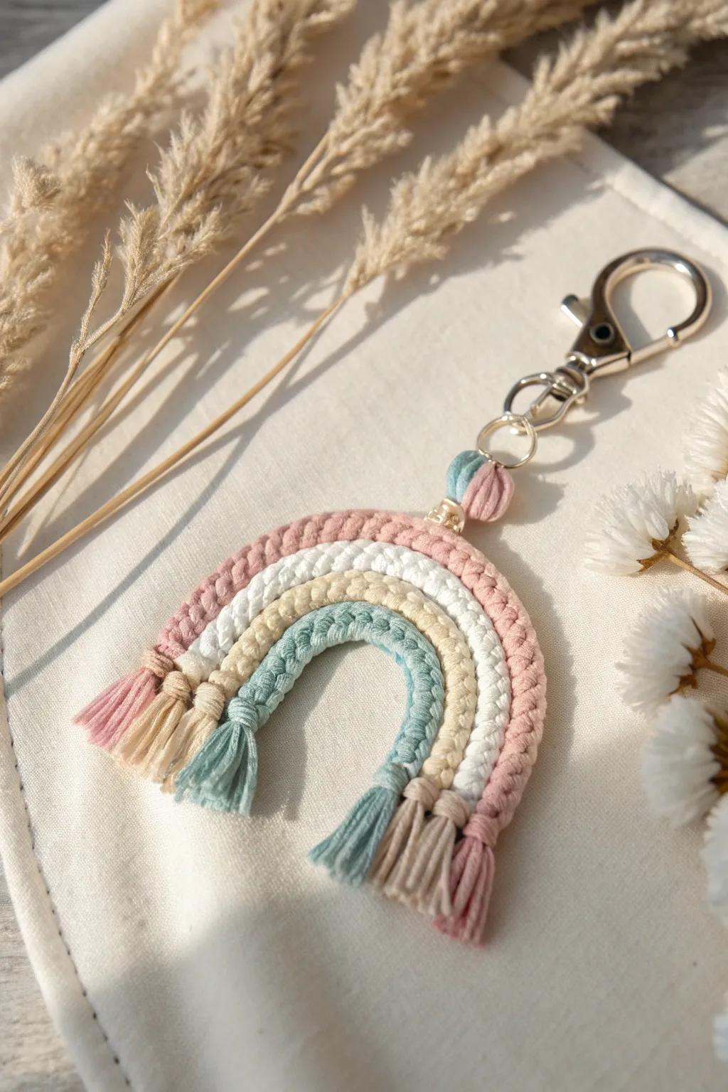 Add a touch of bohemian charm to your keys with this delicate macrame rainbow keychain.