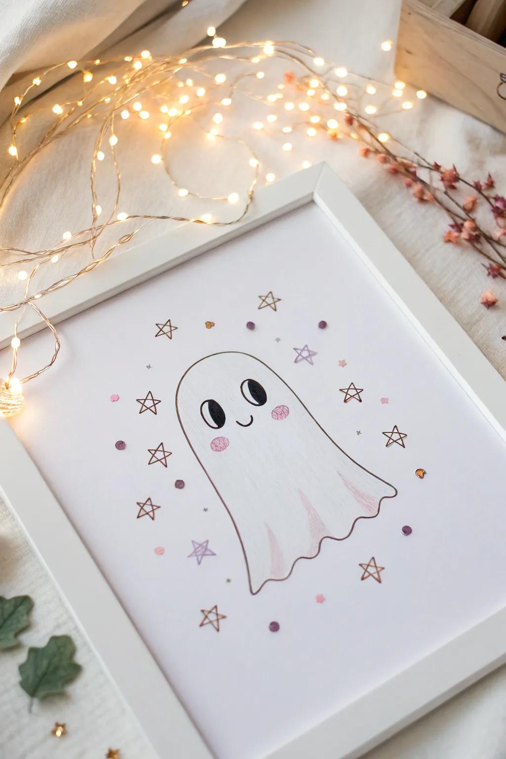 Enchant your space with the simple charm of a ghost surrounded by magical sparkles.