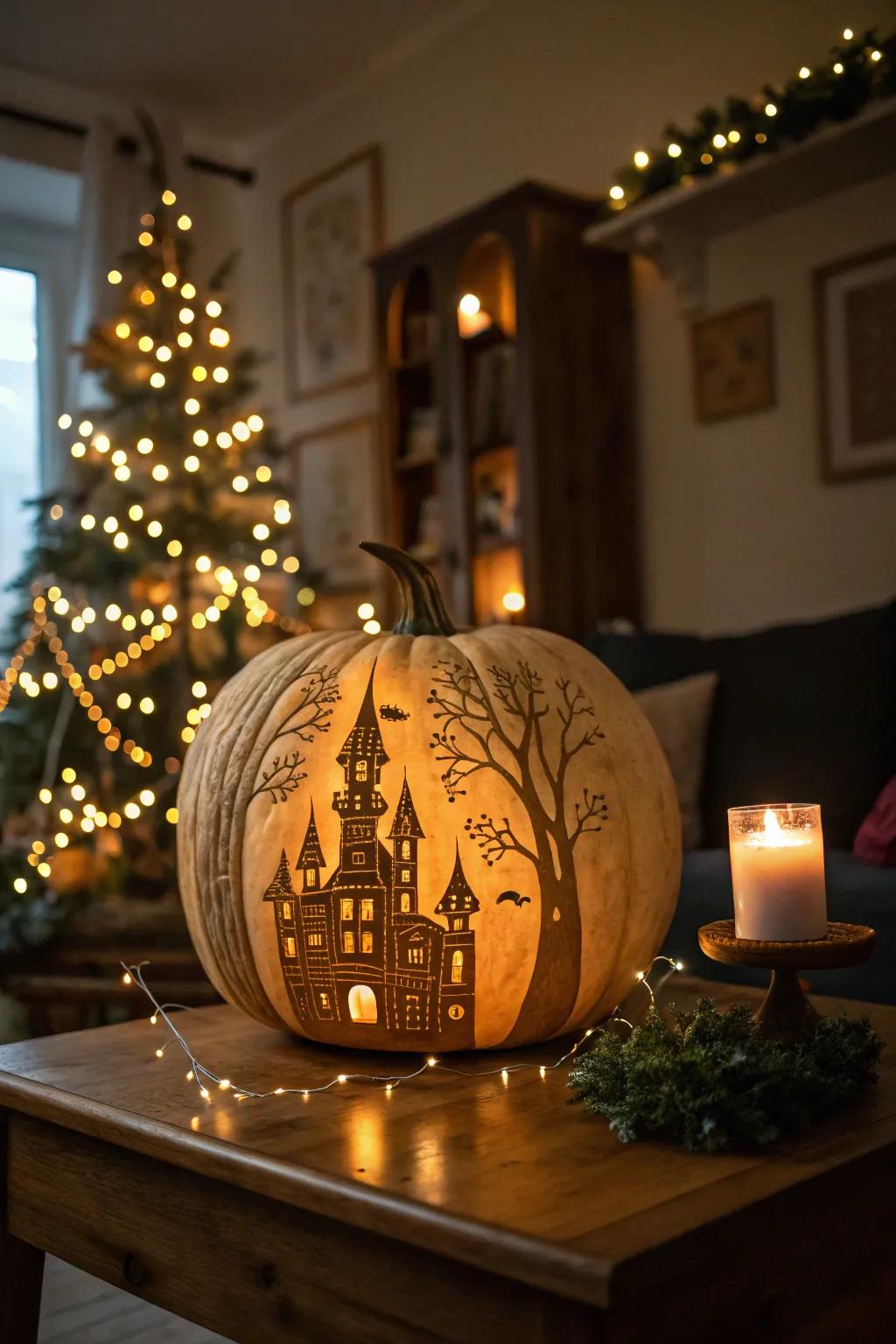 A fairy tale castle pumpkin adds a magical touch.