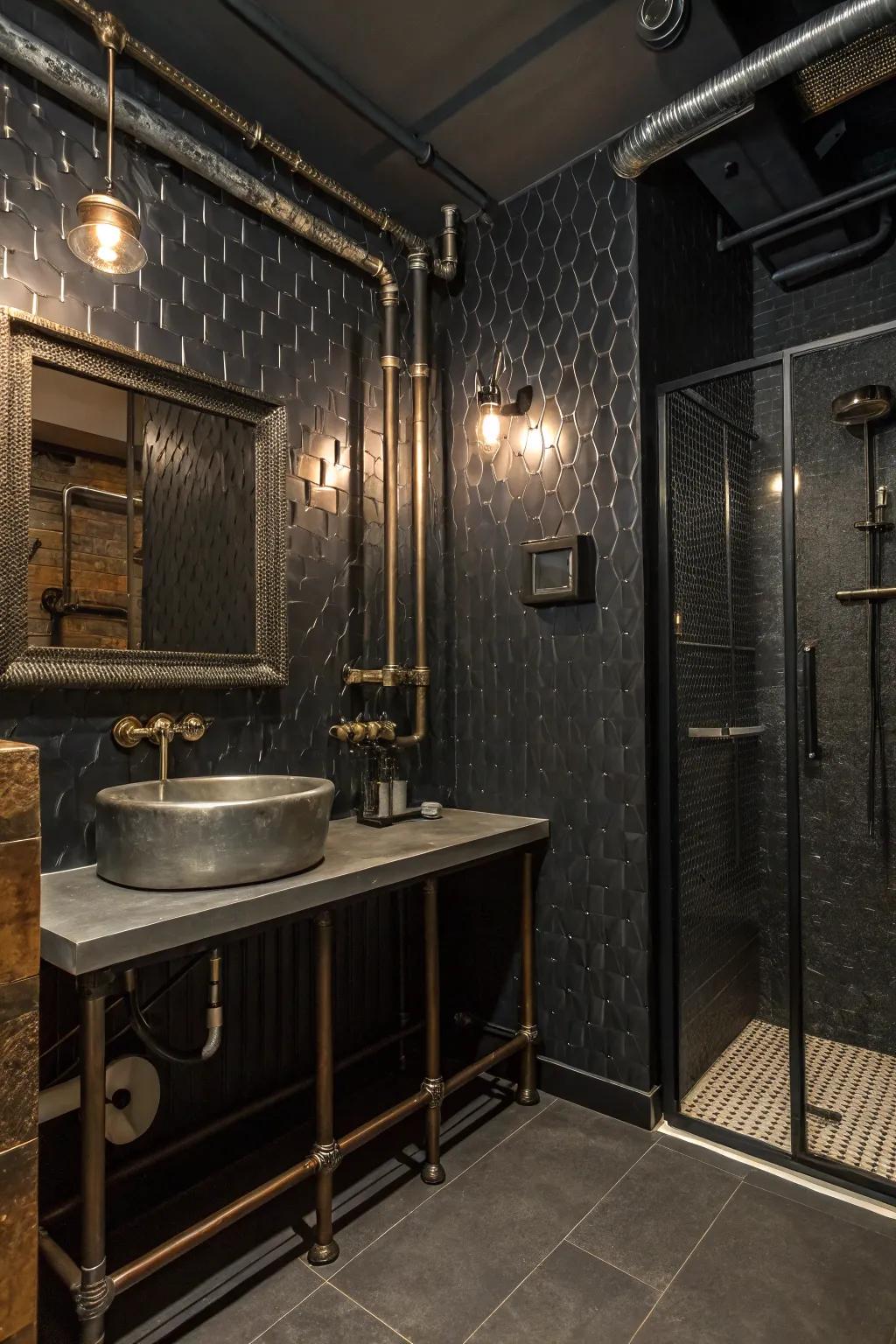 Industrial-themed wallpaper adds an urban edge to bathroom design.