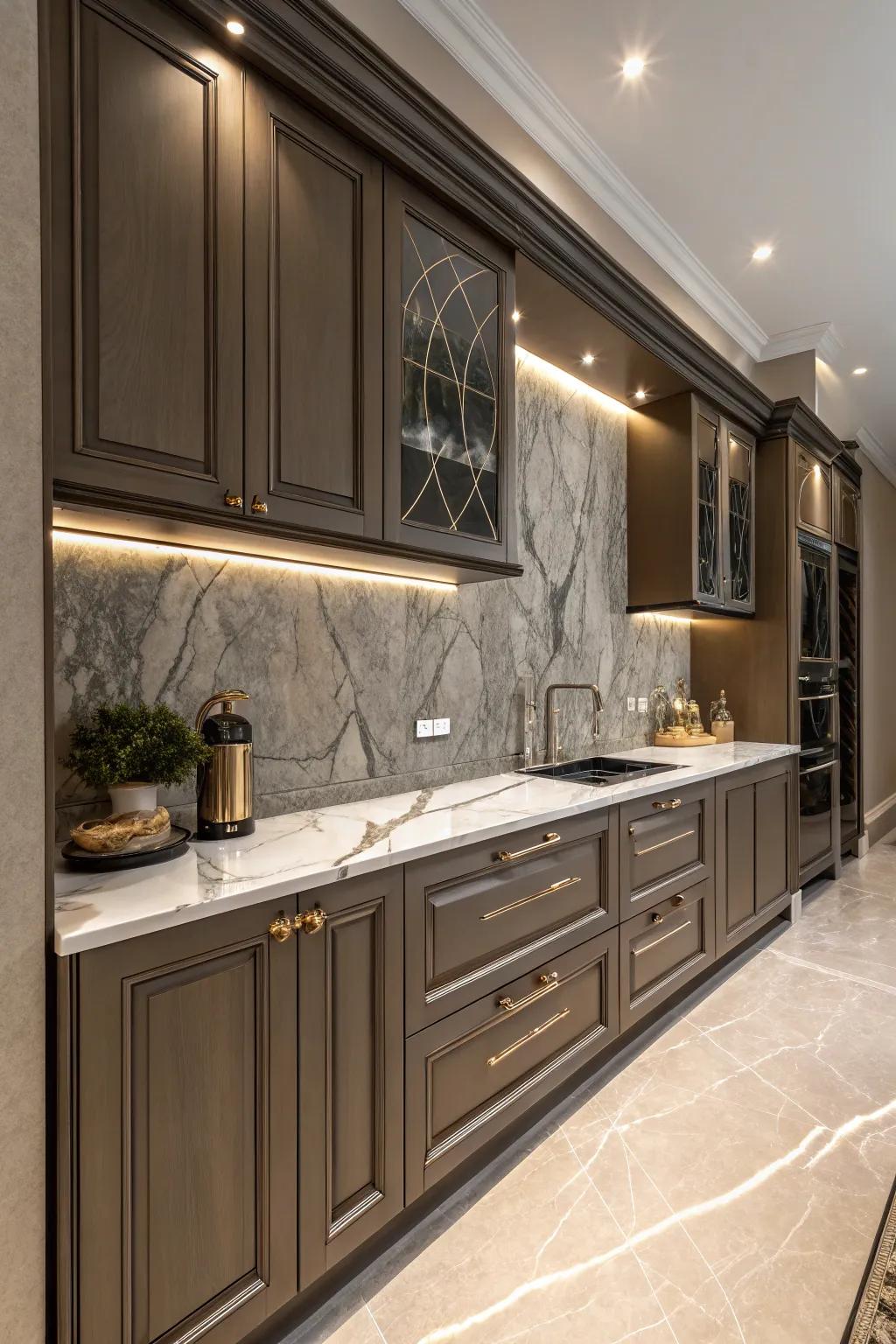 Dramatic marble adds elegance to dark beige cabinetry.