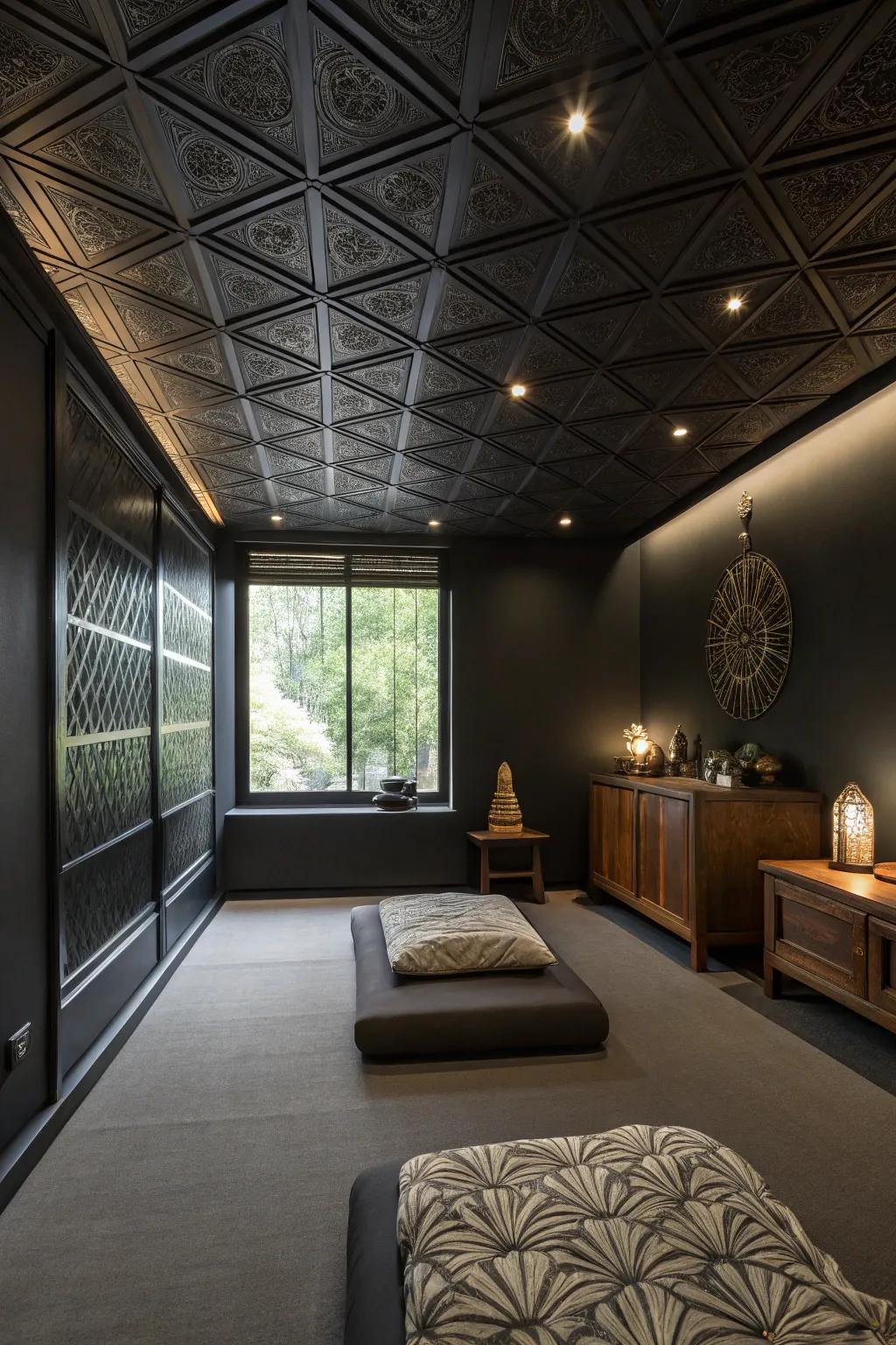 A room with a tonal black ceiling and dark walls, creating a cohesive and serene atmosphere.