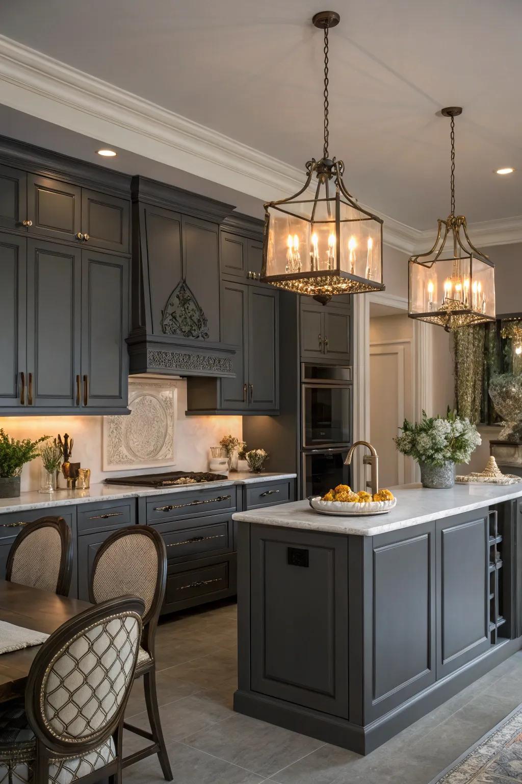 Strategic lighting highlights the elegance of dark gray cabinets.