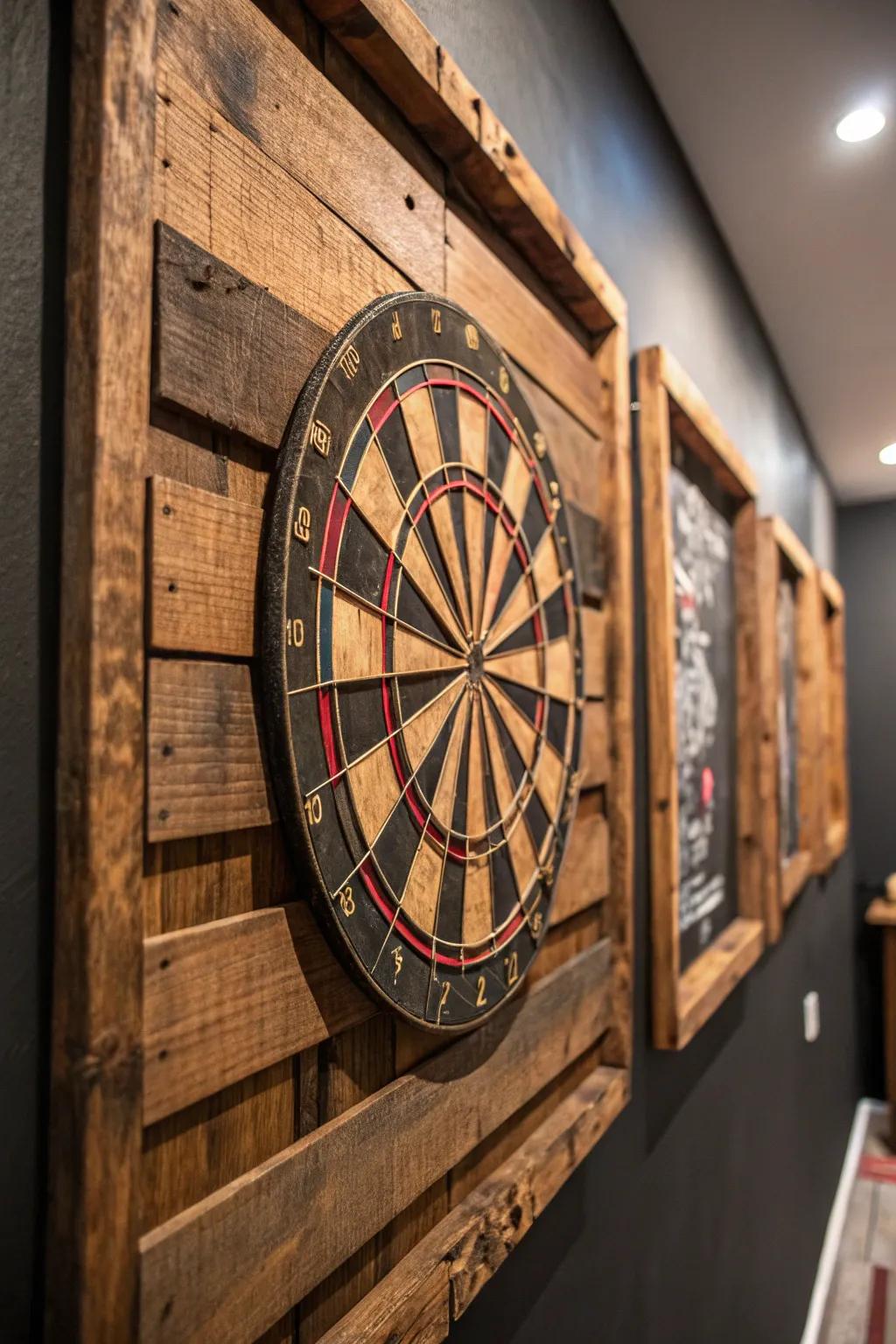 Elevate your game room with a rustic touch: handcrafted pallet board dartboard protector.