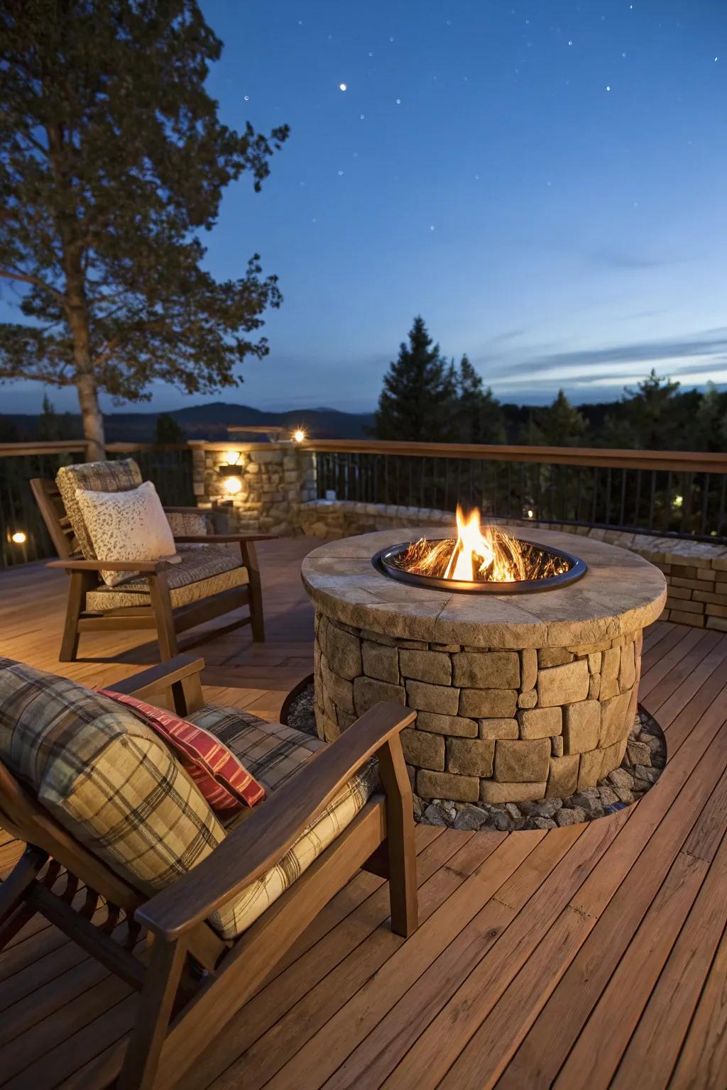 Transform your deck into a year-round haven with a stunning built-in fire pit.