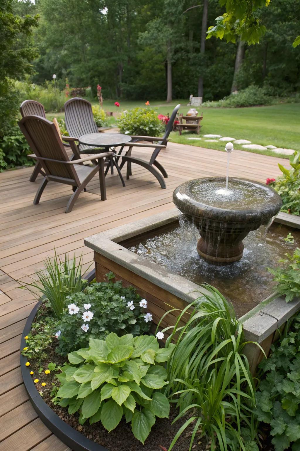 A small water fountain adds a soothing auditory privacy element to this deck.