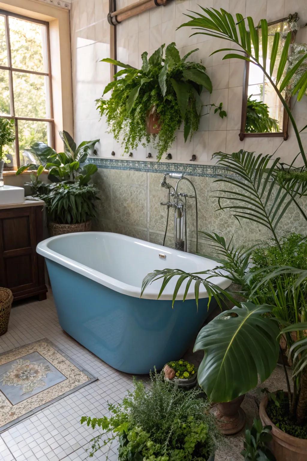 Greenery adds a fresh and natural vibe to a bathroom with a blue bathtub.