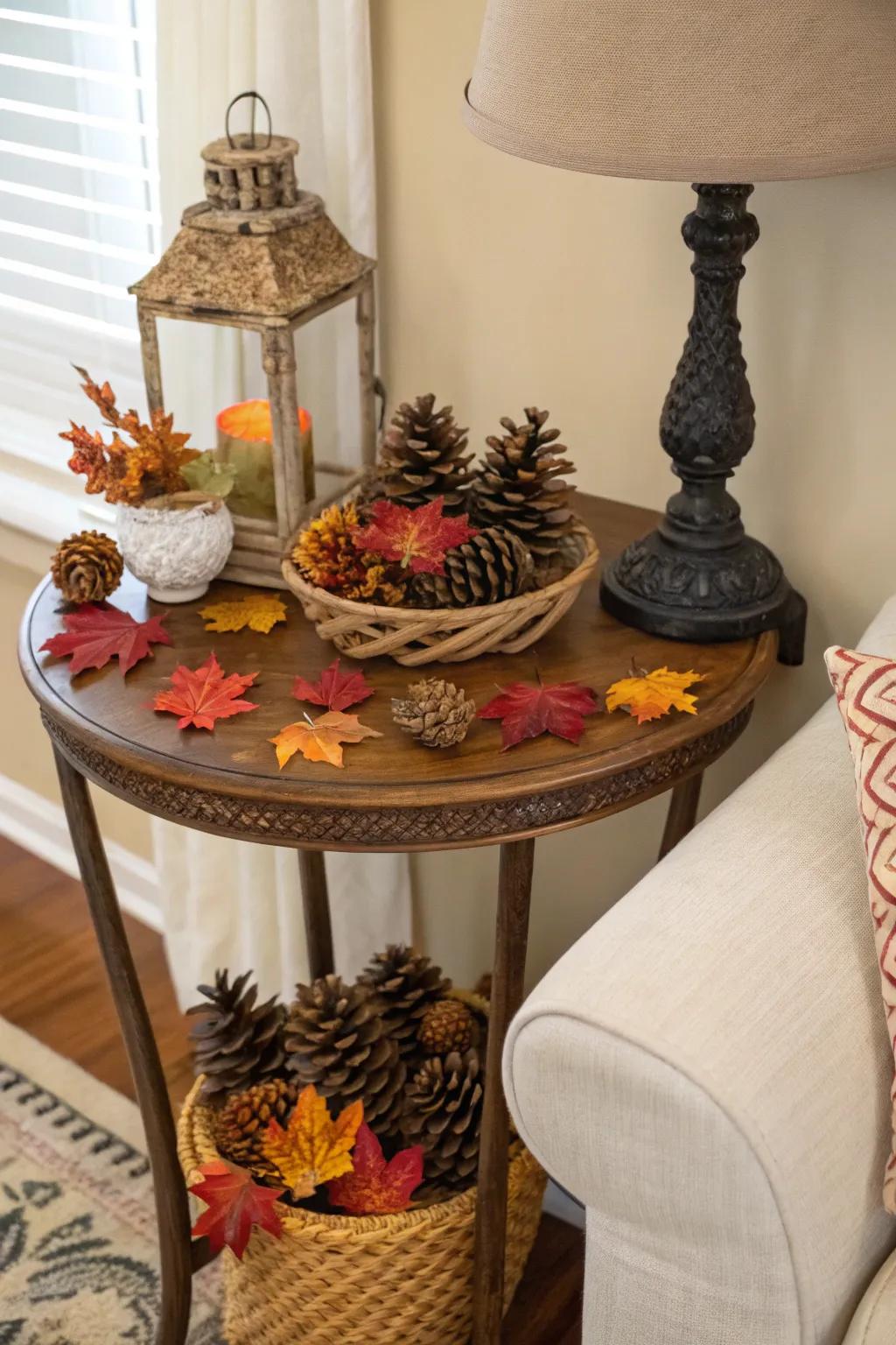 Seasonal decor keeps your corner table looking fresh and timely.