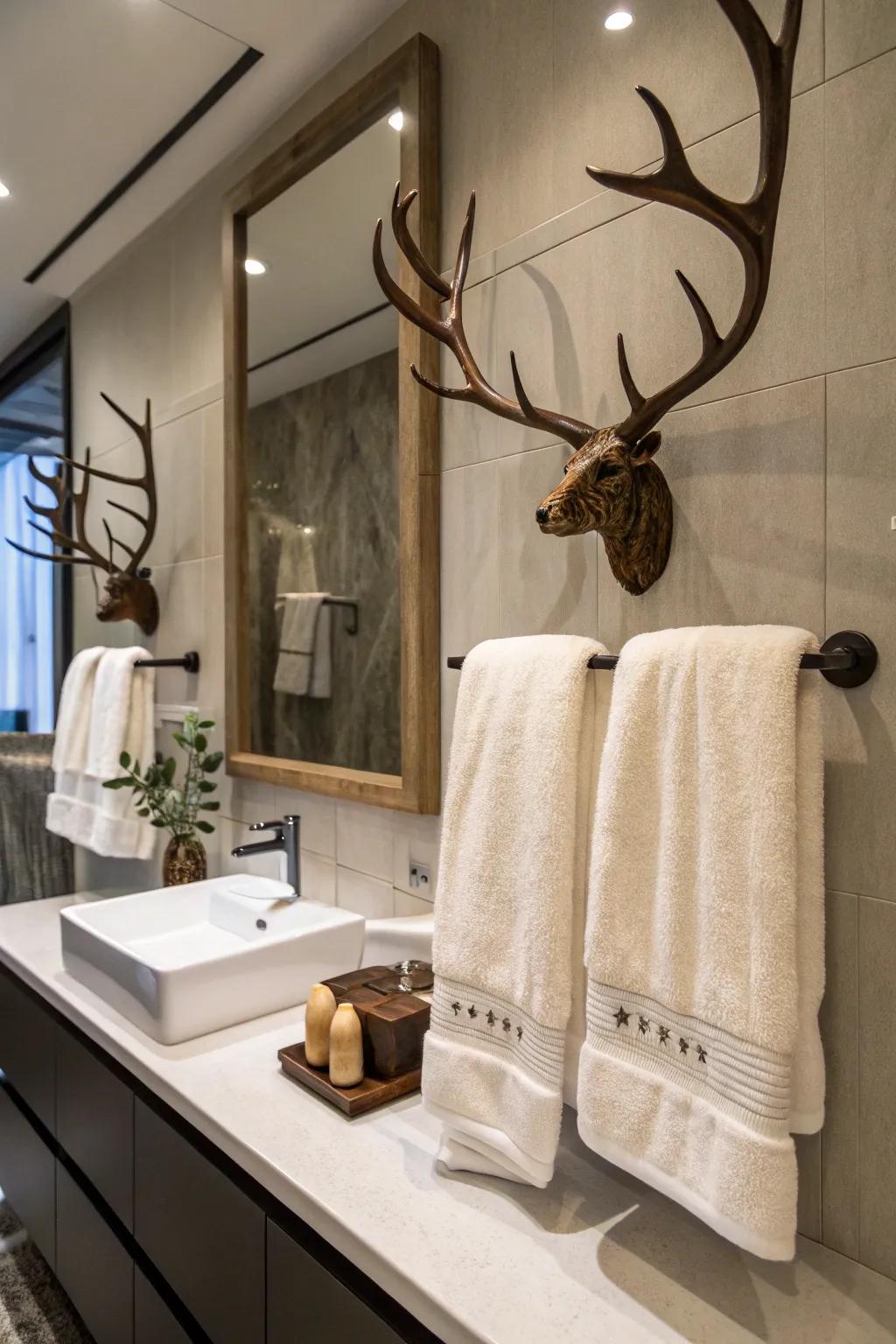 Bring a rustic touch to your bathroom with antler towel holders.