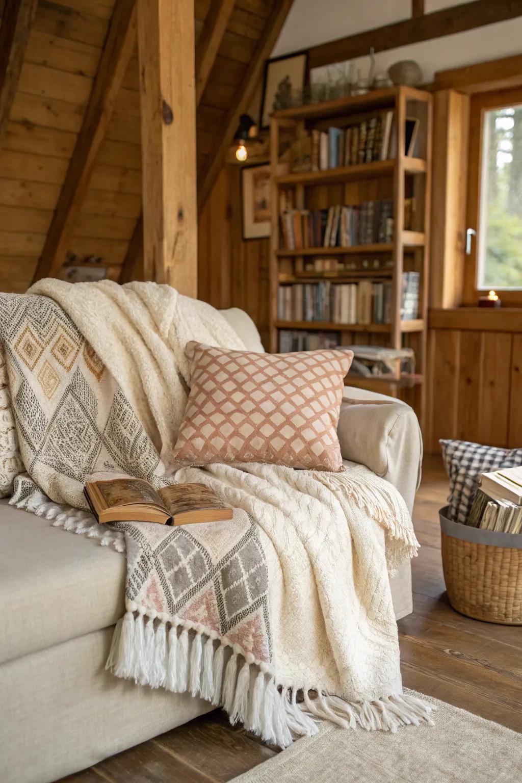 Textured fabrics add depth and coziness to your den.