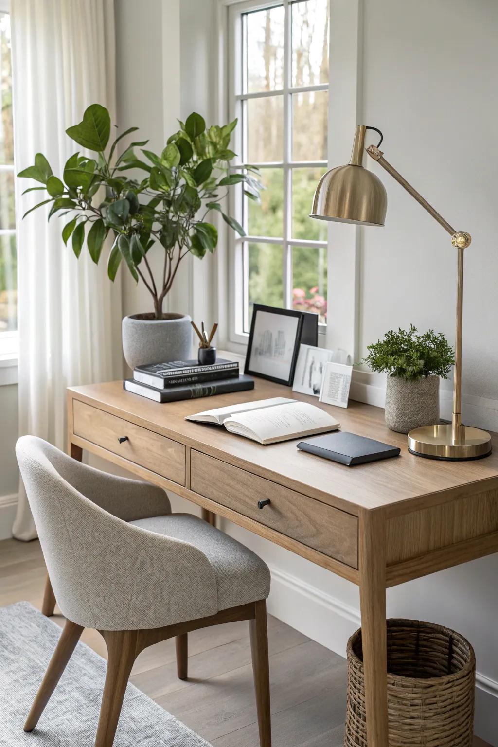 A modern wood desk combining elegance with functionality.