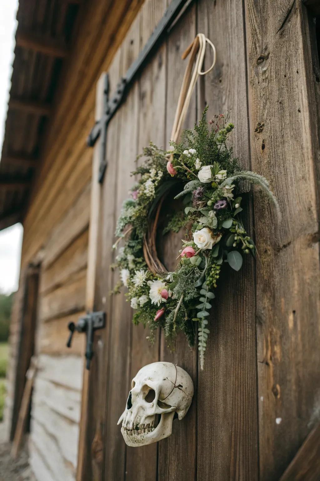 Quirky and festive, a mini skull and floral wreath.