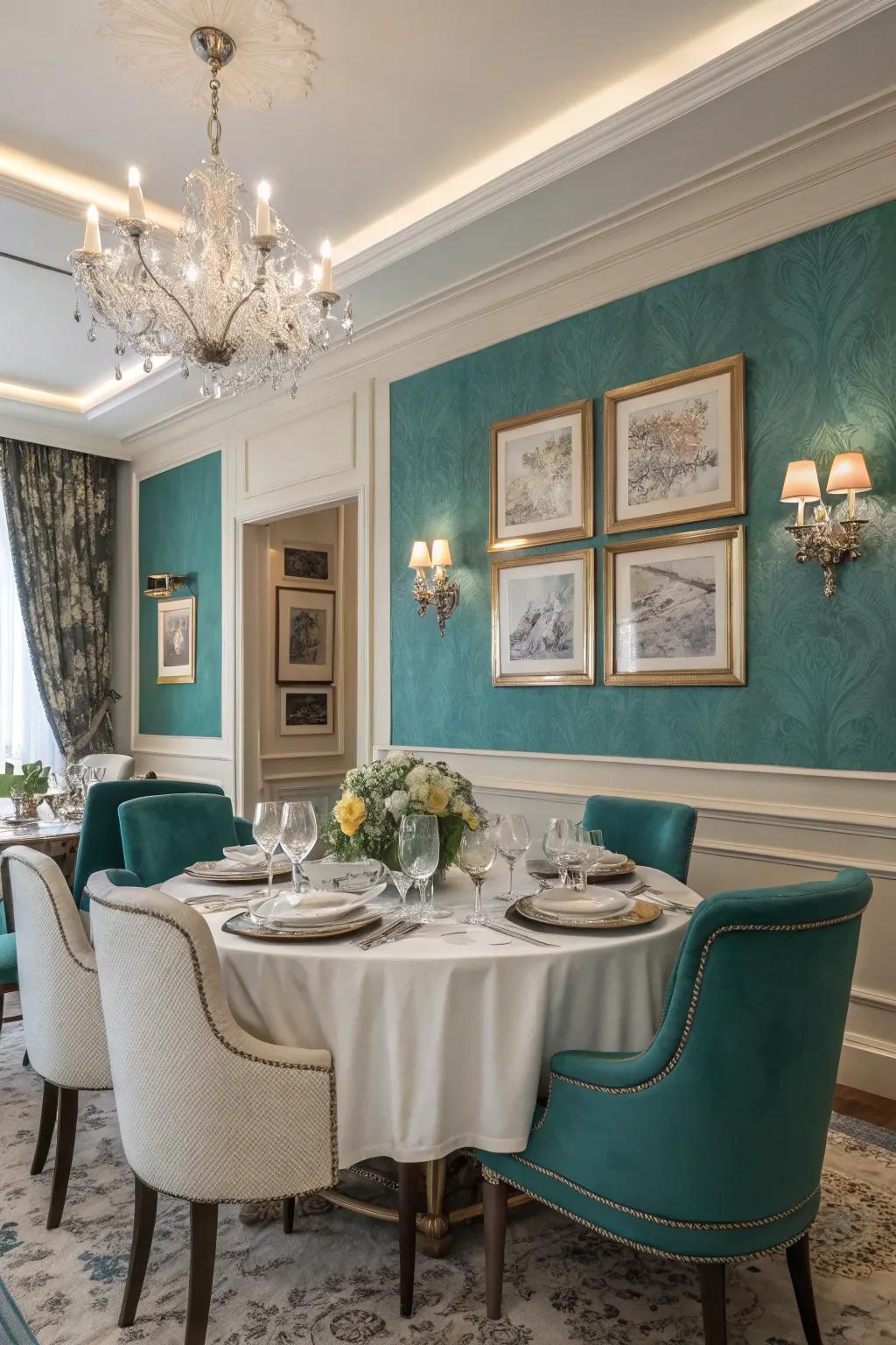 A sophisticated dining room with teal and ivory paint.