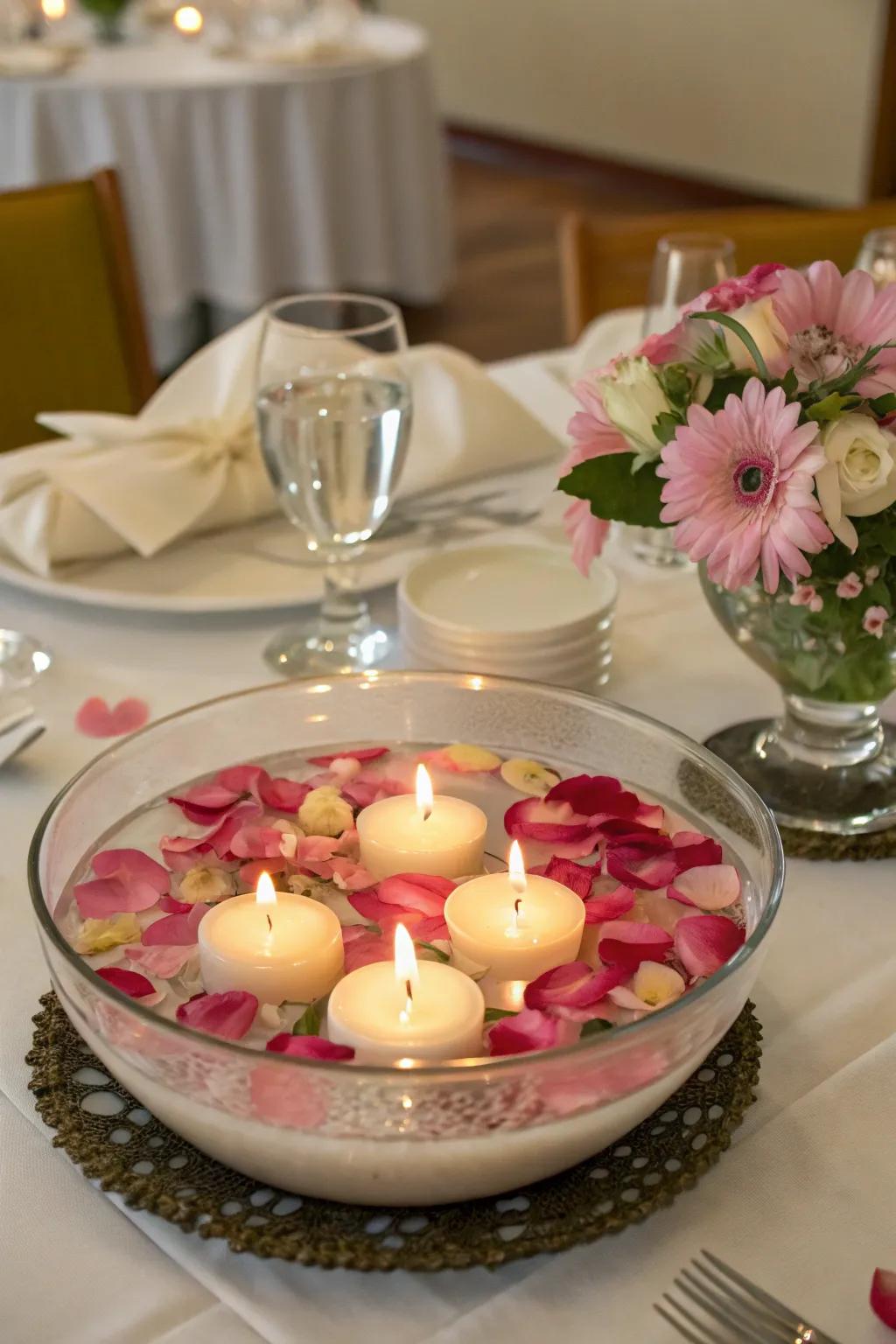 A serene centerpiece featuring floating candles in a shallow bowl of water with flower petals.