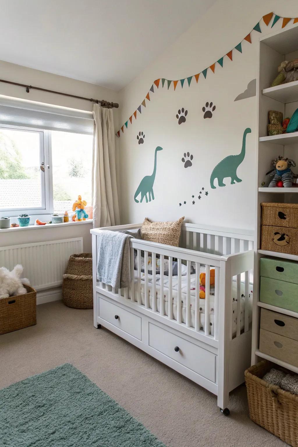 Dinosaur footprints add a playful touch to this cozy nursery.