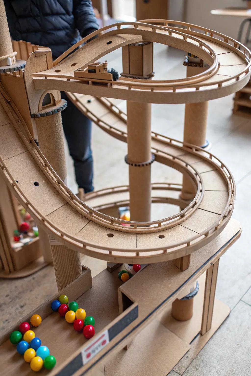 Witness the art of motion with this handcrafted cardboard marble run masterpiece.