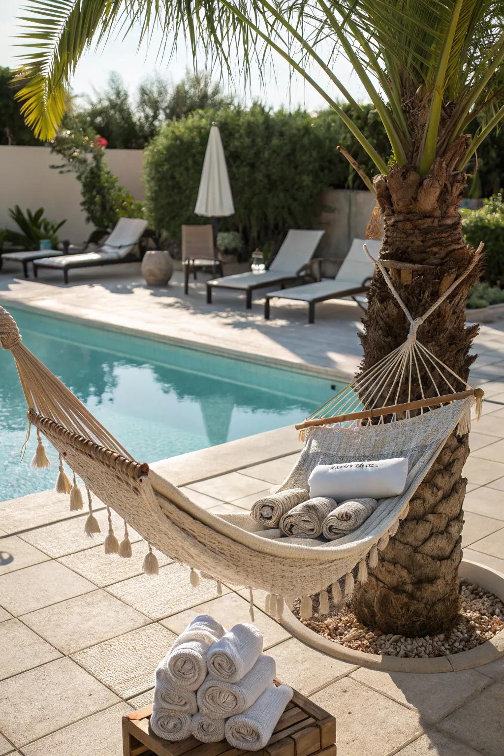 Relax poolside with a comfortable hammock setup.