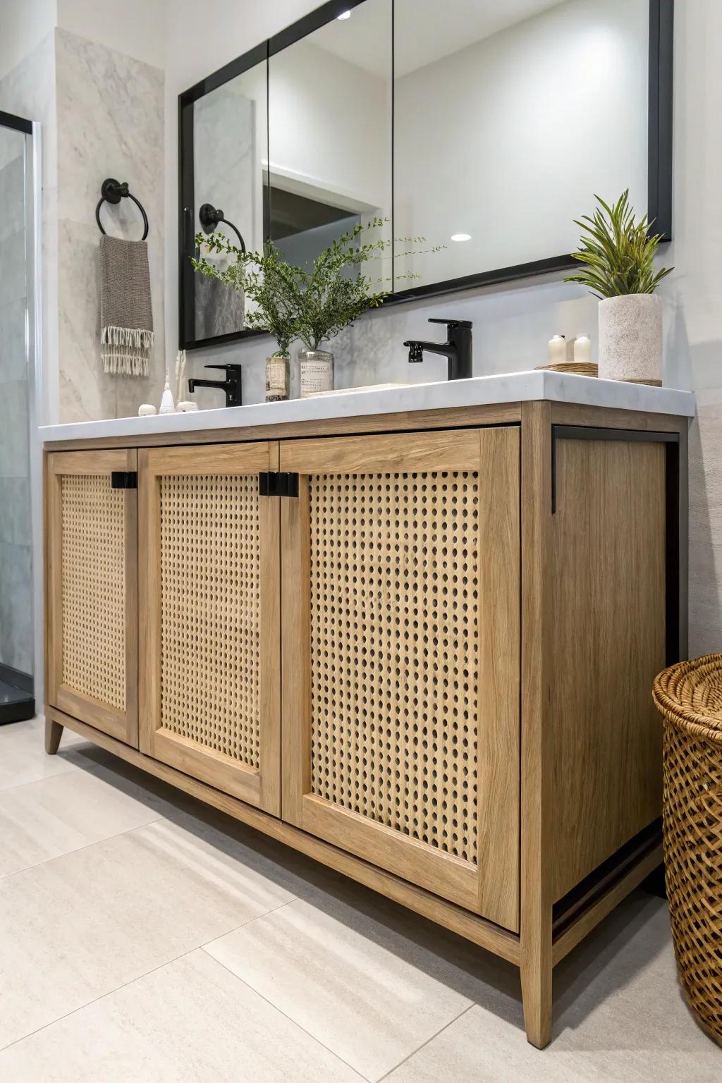 Cane webbing adds texture and style to bathroom vanities.