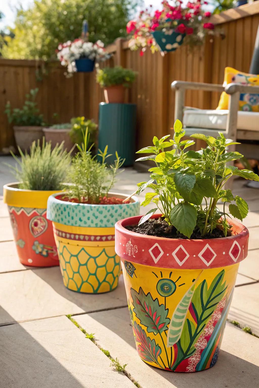 Vibrant painted plant pots bring life to any garden.