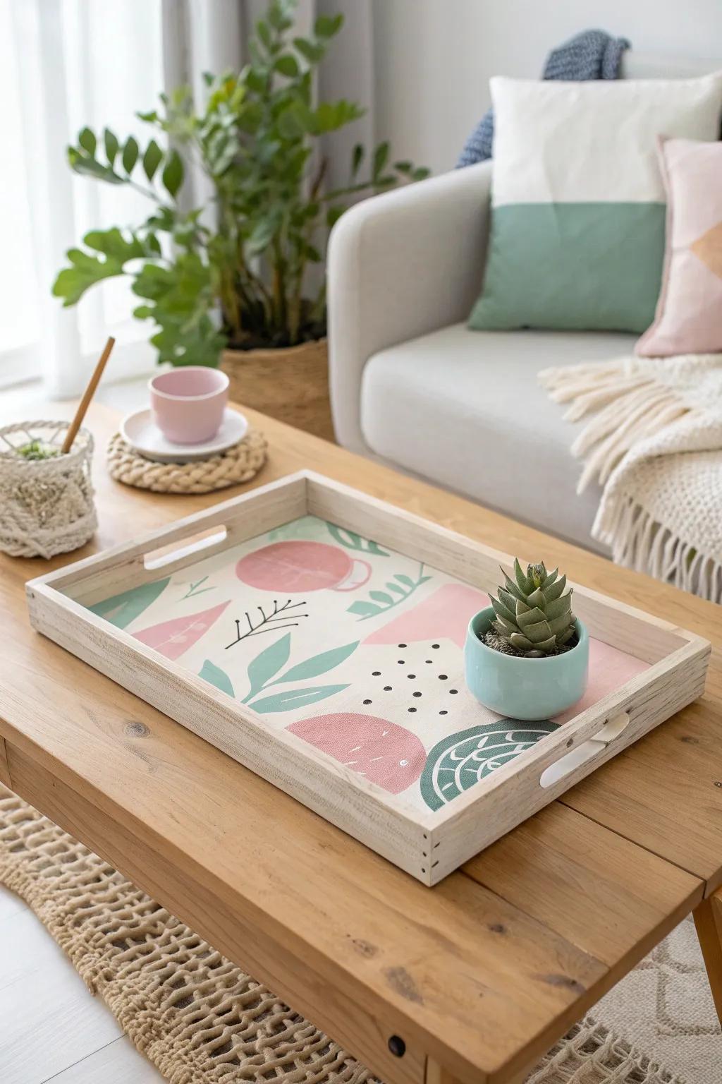 Transform your space with a custom-painted coffee table tray masterpiece, where art meets functionality.