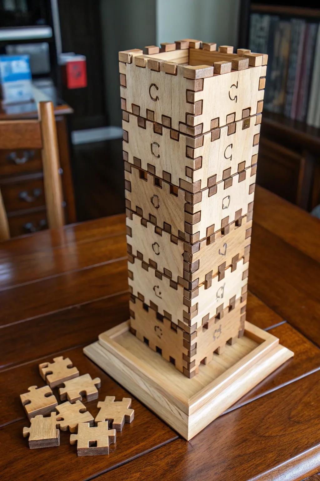 Master the game with this handcrafted puzzle piece dice tower – where elegance meets ingenuity.