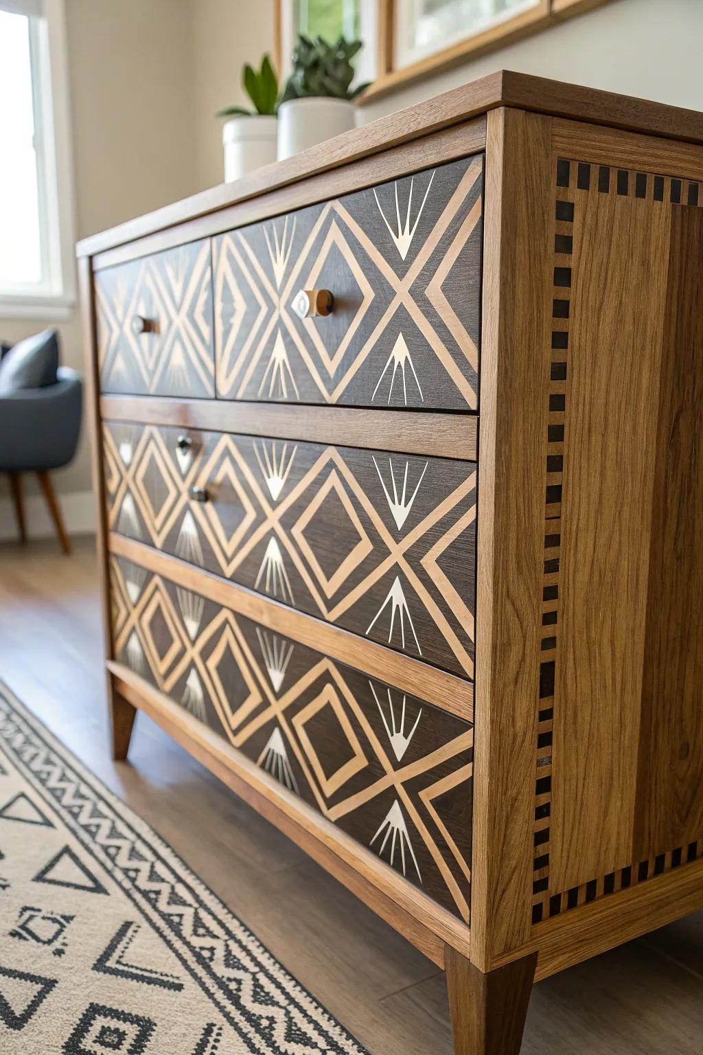 Transform your dresser into a masterpiece with intricate stenciled patterns. Craftsmanship meets style.