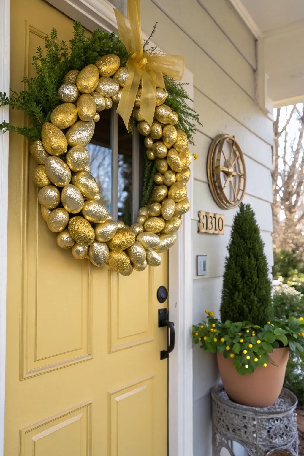 A gold foil Easter egg wreath adds a touch of elegance to your entryway.