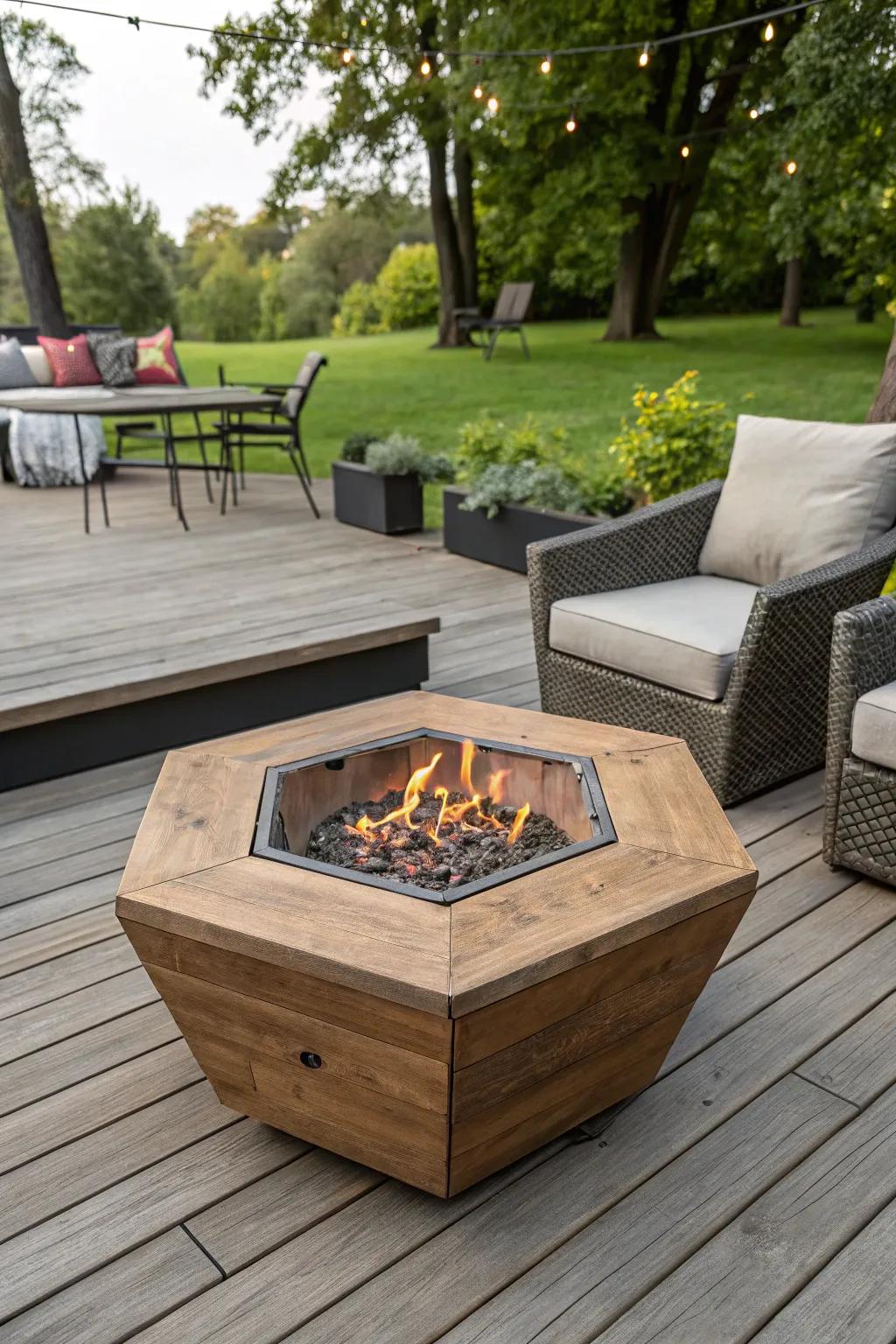 A hexagonal fire pit offers a geometric and modern touch.