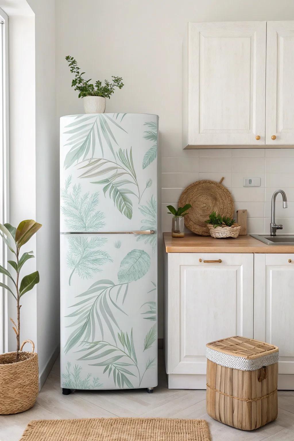 Transform your kitchen into a tropical oasis with a simple peel-and-stick wallpaper fridge makeover!