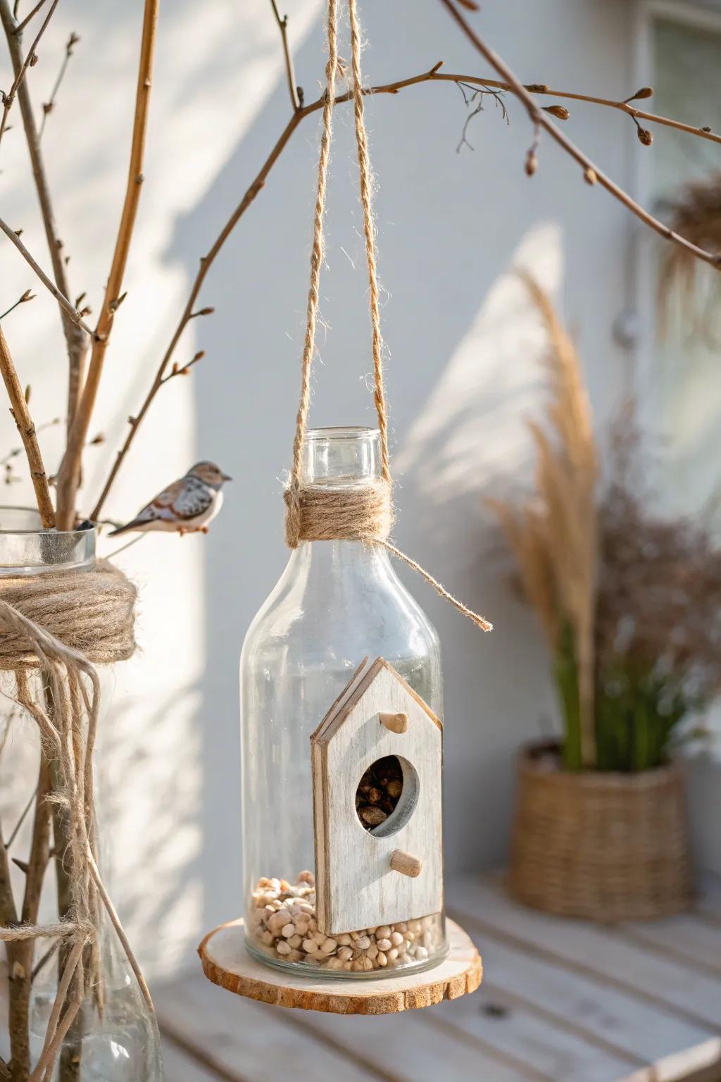 Invite nature into your home with this elegant DIY glass bottle bird feeder.