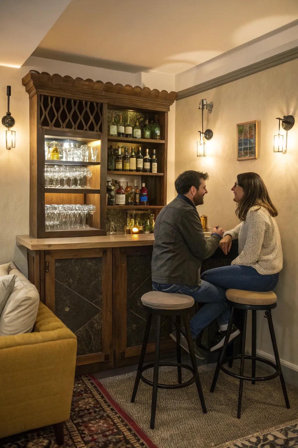 A cozy corner bar nook with a small cabinet and stools invites you to relax and chat.