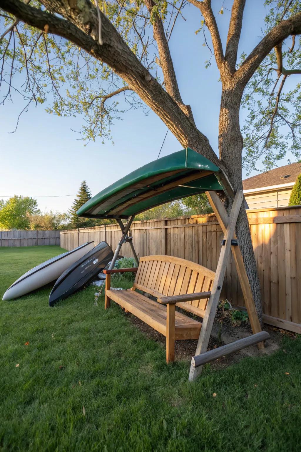 Enjoy multifunctionality with a convertible bench canoe rack.