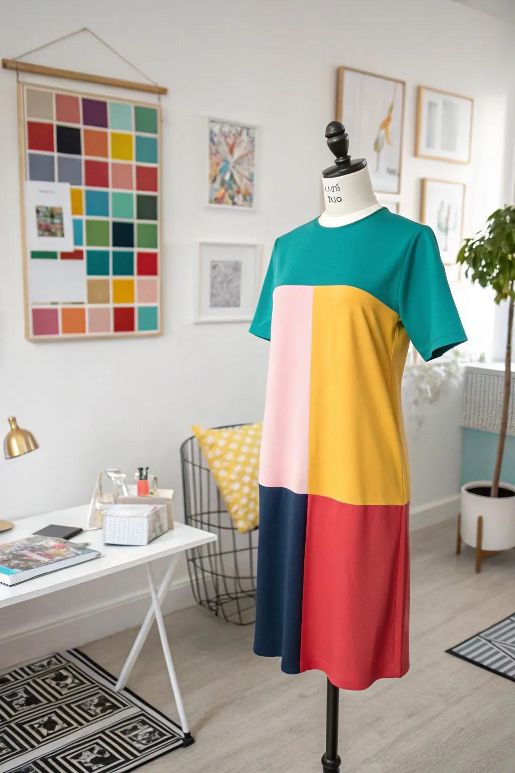 A color block t-shirt dress that plays with bold and neutral tones.