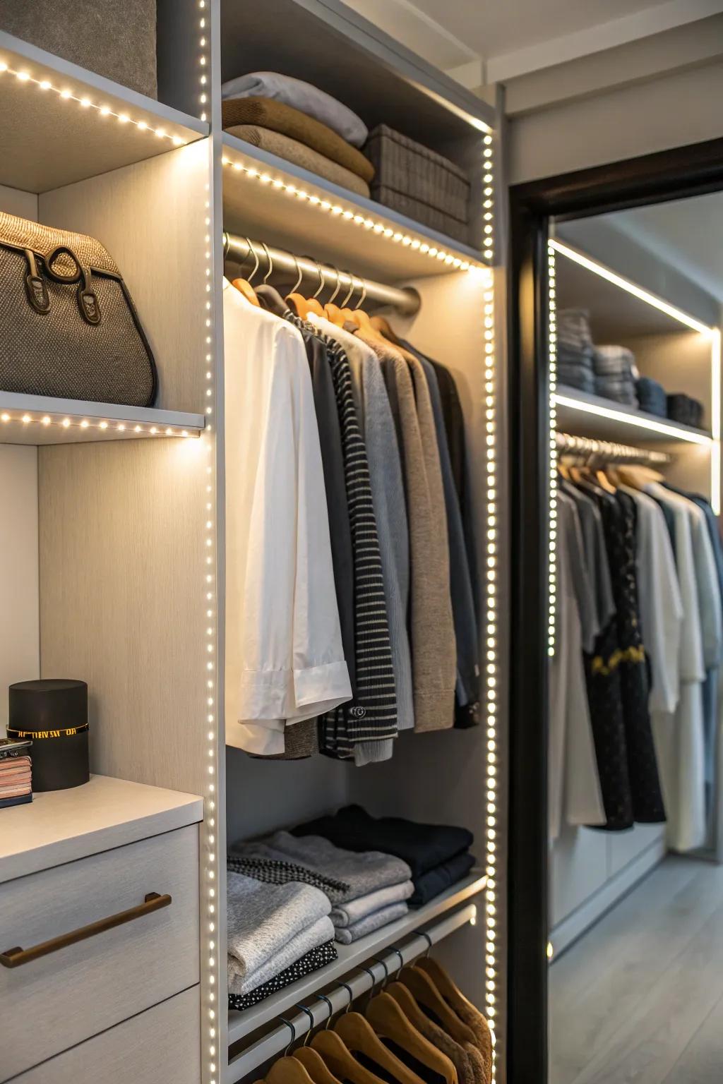 LED lighting brightens up a small closet, making it more functional.