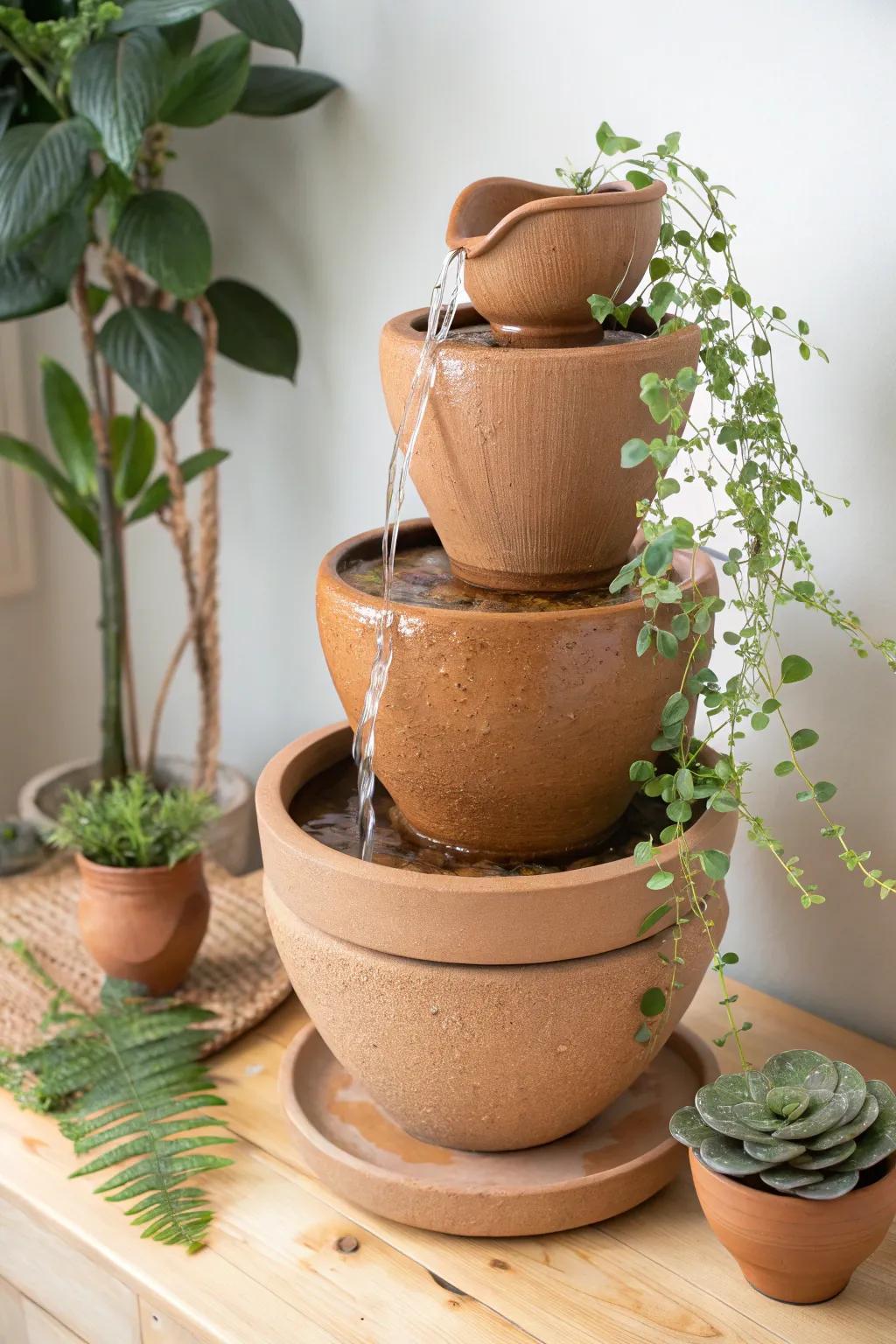 Embrace tranquility with a handcrafted clay pot cascade, where rustic charm meets minimalist elegance.