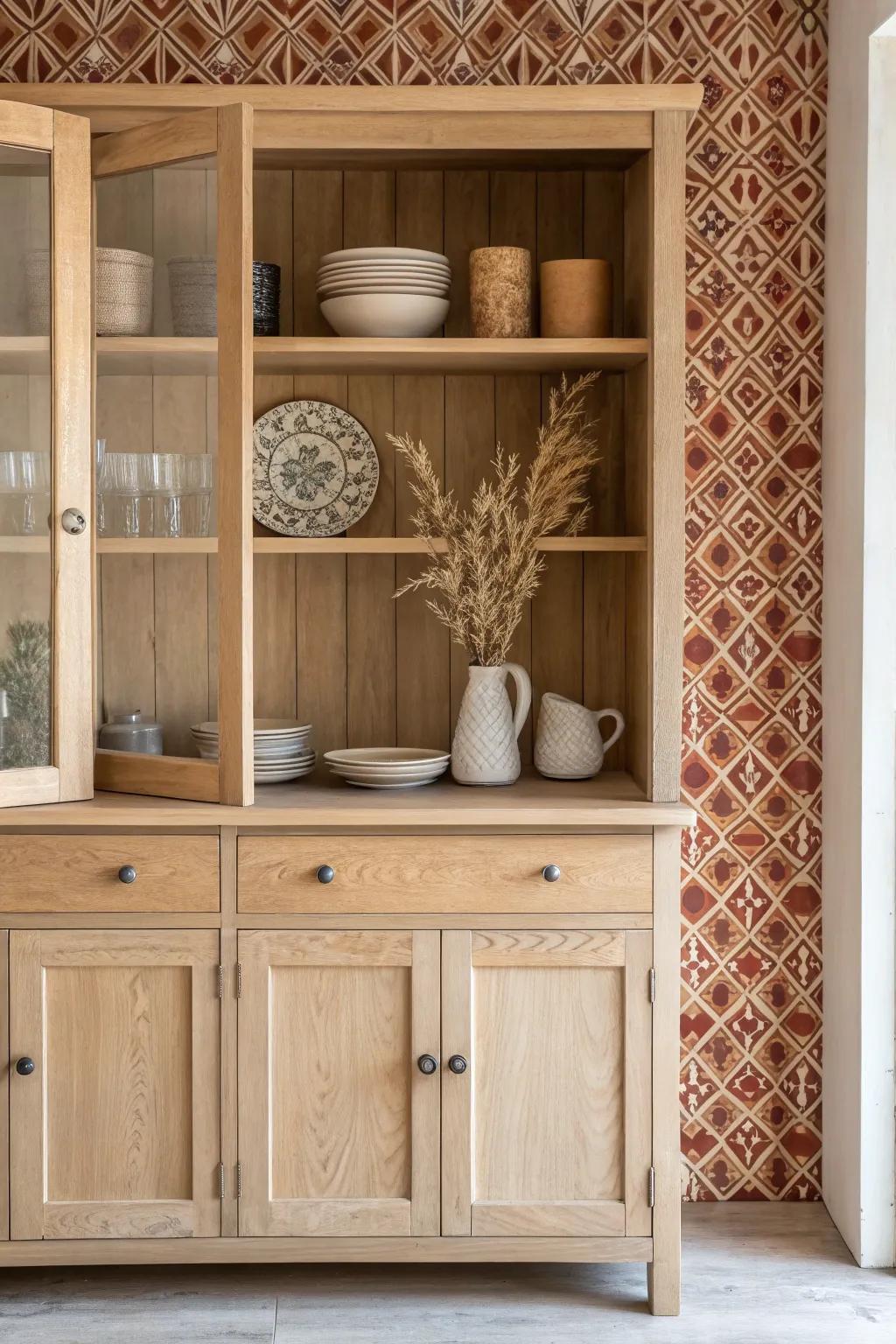 A hidden delight: Bold wallpaper adds a touch of surprise to your minimalist kitchen hutch.
