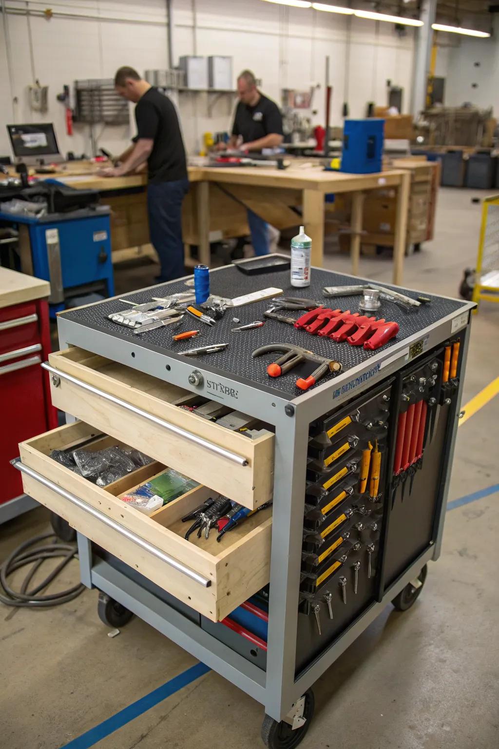 Effortlessly organize metal tools with magnetic strips on this workbench.