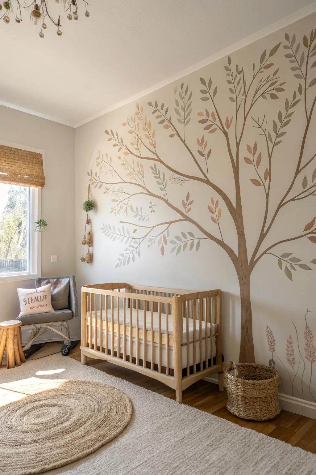 Bring the tranquility of nature into your nursery with a simple, hand-painted tree mural. #DIYNursery #ScandiBoho