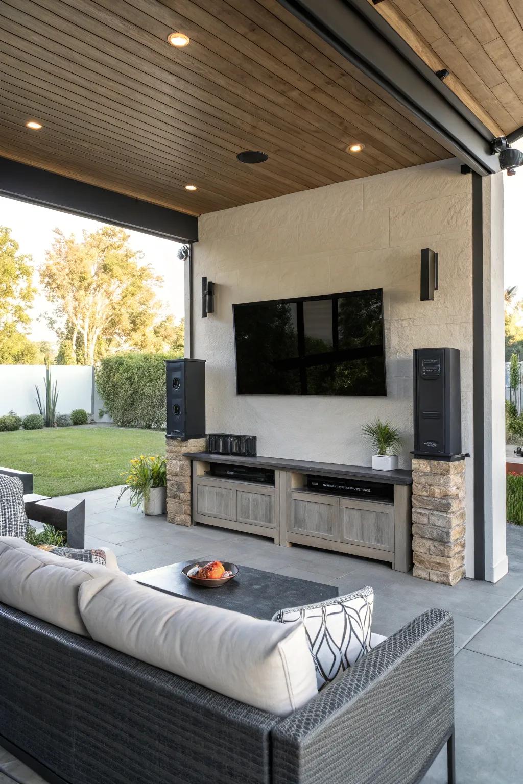 An outdoor sound system brings movies and music to life in your backyard.