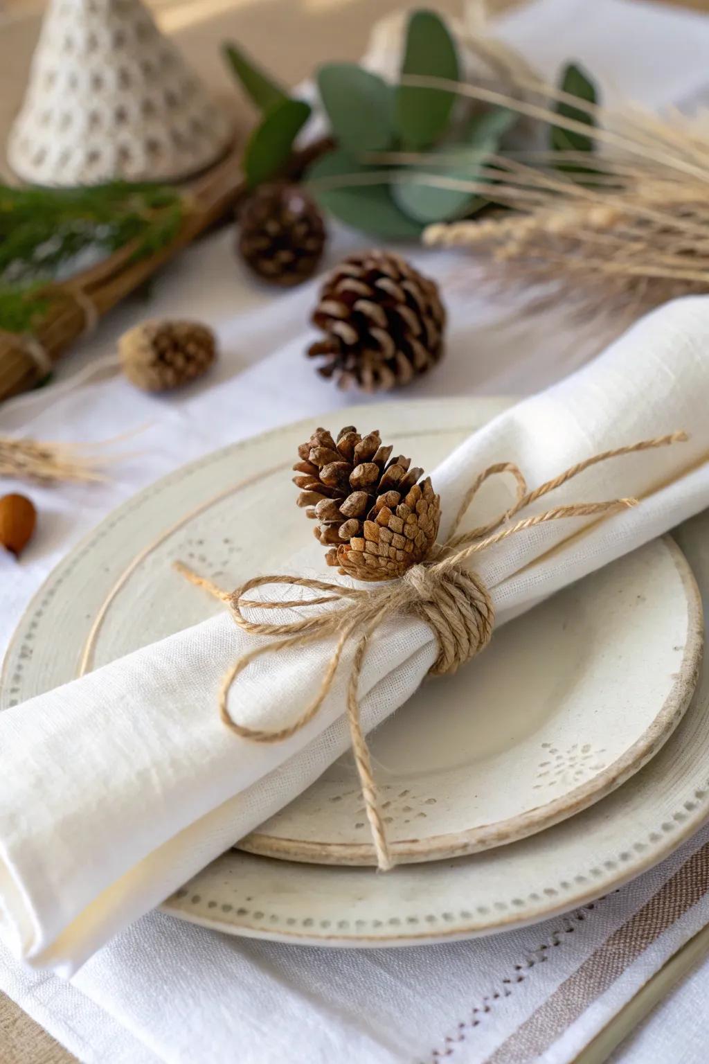 Embrace rustic elegance with handcrafted pine cone napkin rings, perfect for a touch of natural beauty at your table setting.