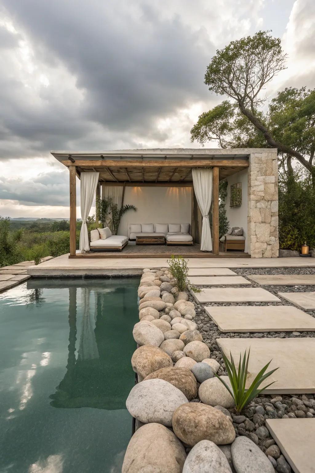 A Zen cabana provides a serene and harmonious poolside escape.