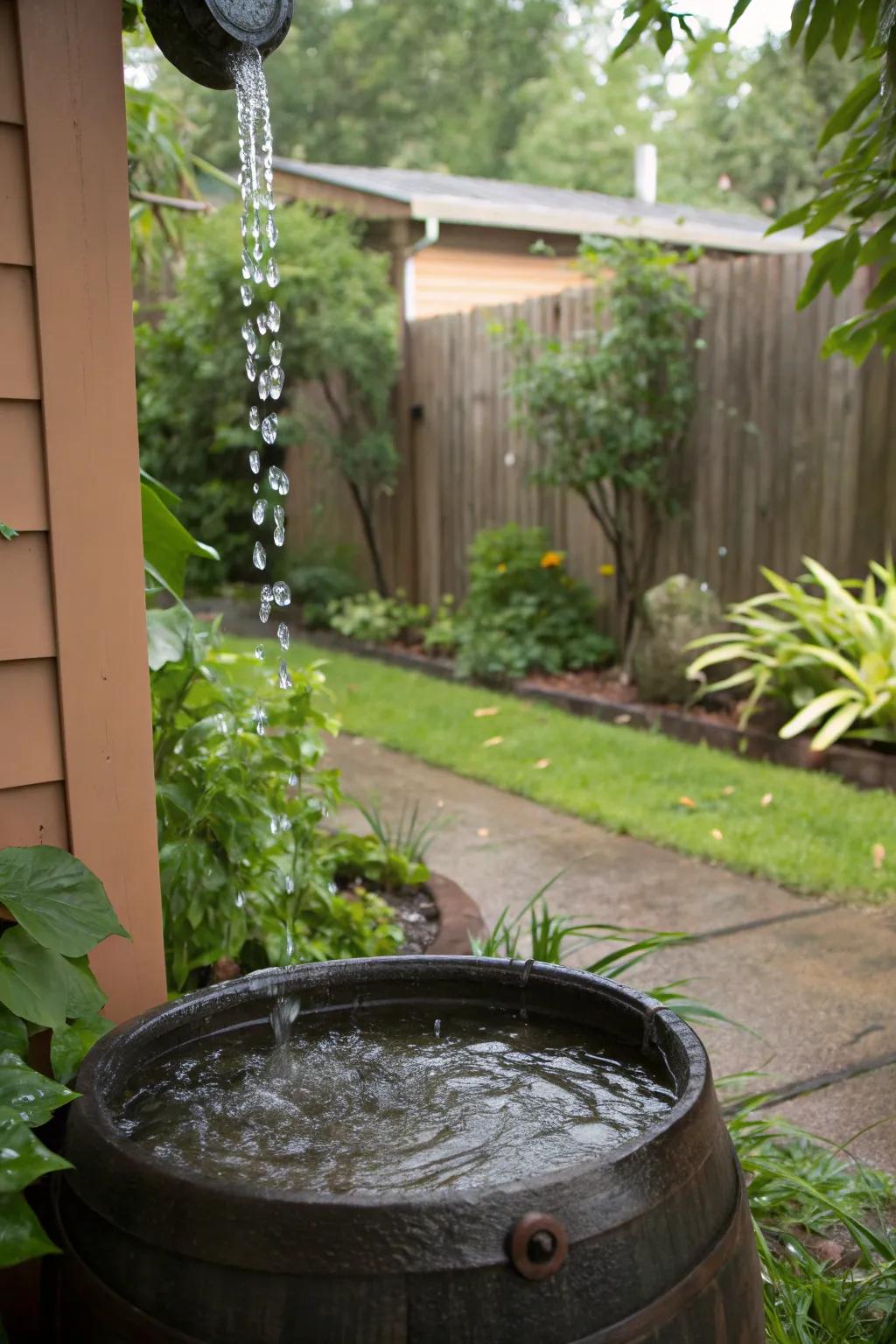 A DIY rain chain delicately channels water into the rain barrel below.