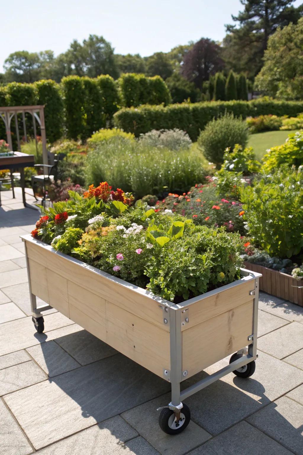 A versatile portable raised garden bed on wheels.