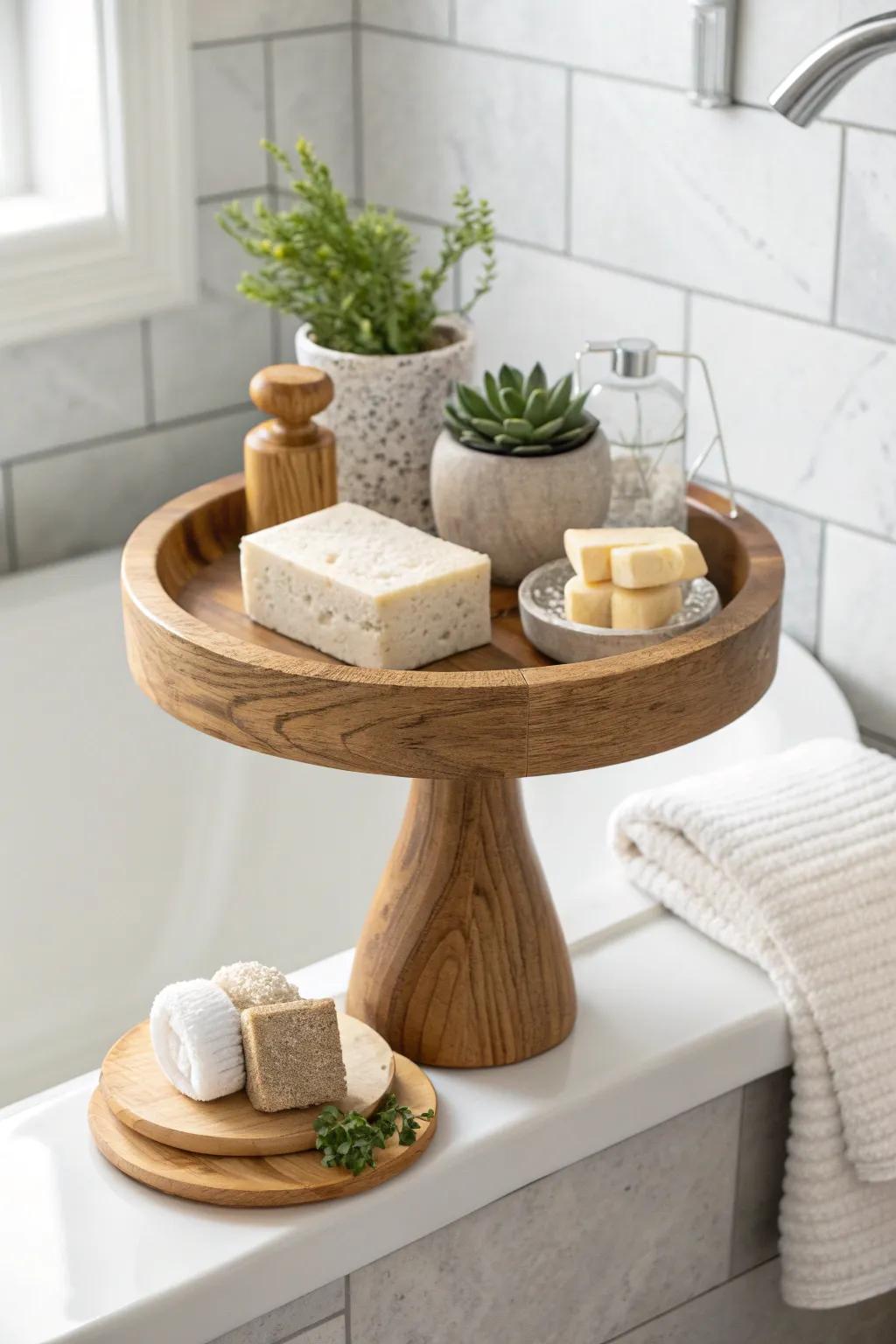 Transform your bathroom into a serene escape with a chic cake stand display.