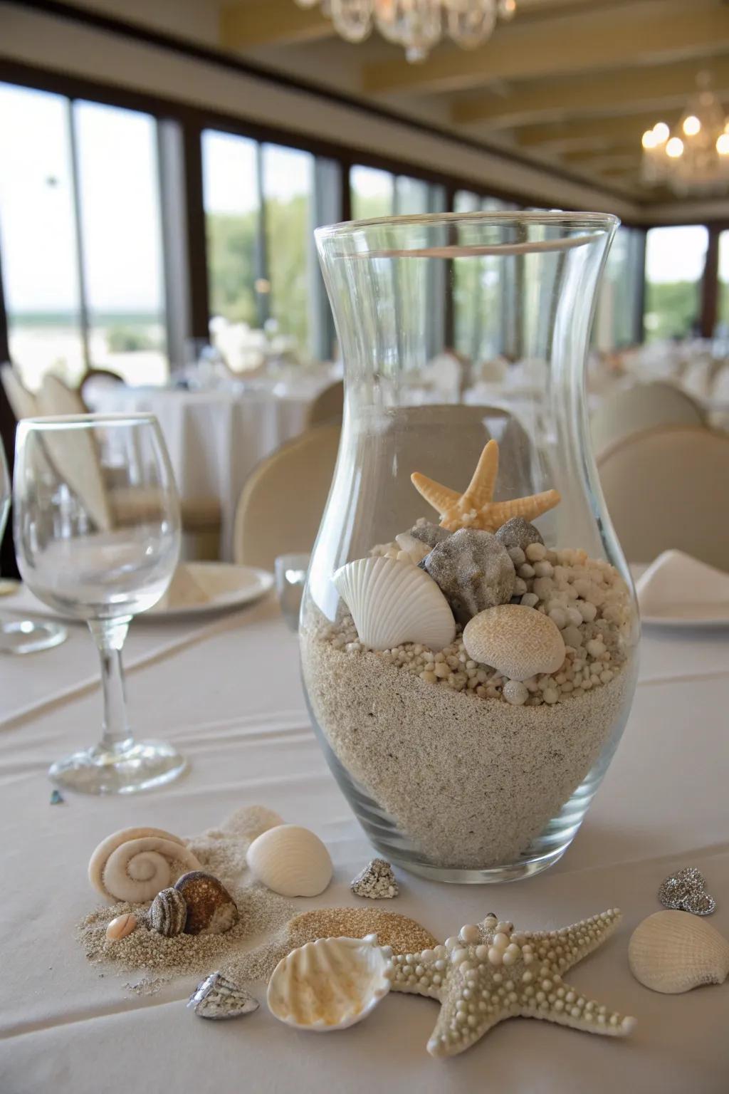 Seashells and sand create a serene beach-themed centerpiece.