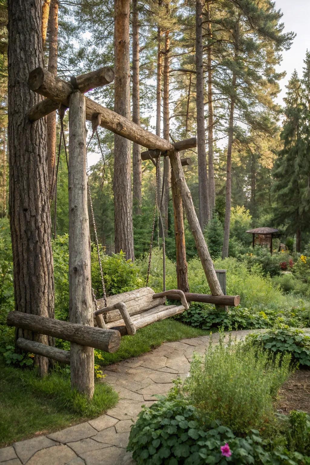 A natural log swing set, harmonizing with the surrounding landscape.