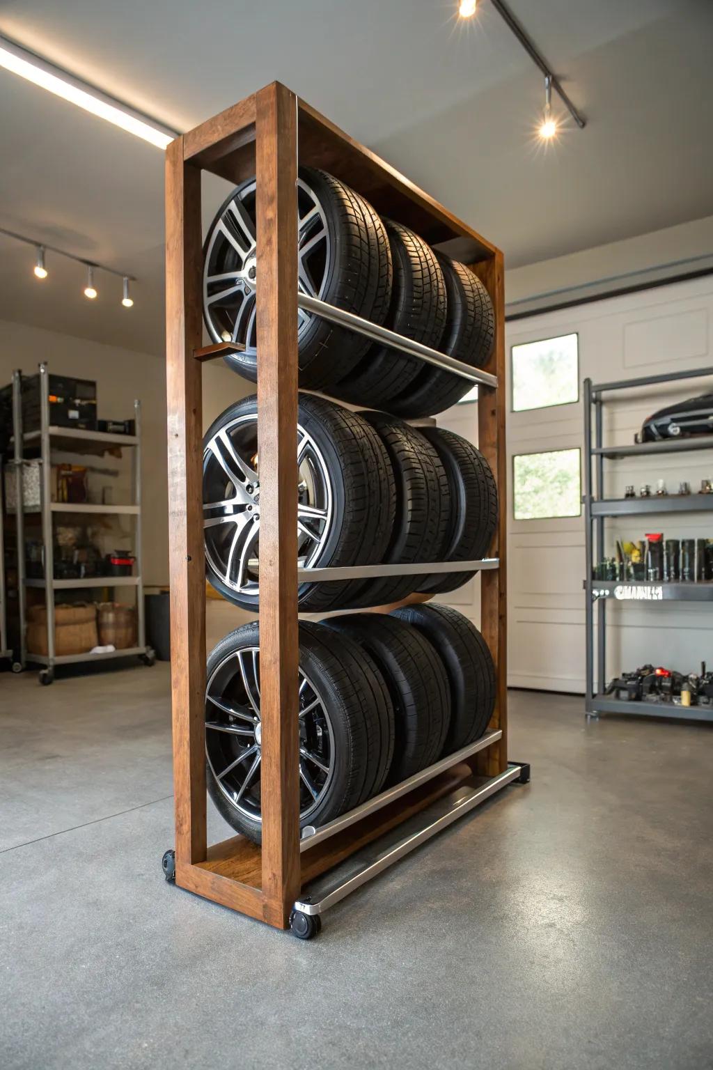 Elevate your garage storage with this sleek, handcrafted freestanding tire rack.