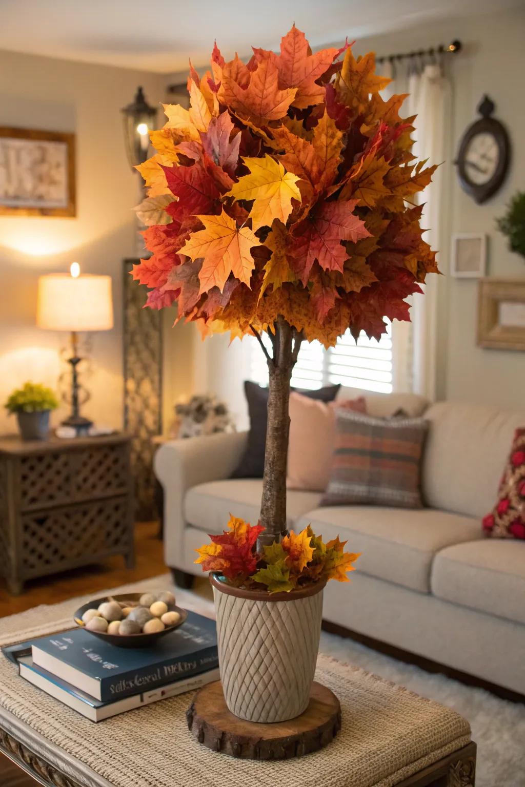 An autumn leaf topiary enhancing the warmth of a cozy fall-themed living room.