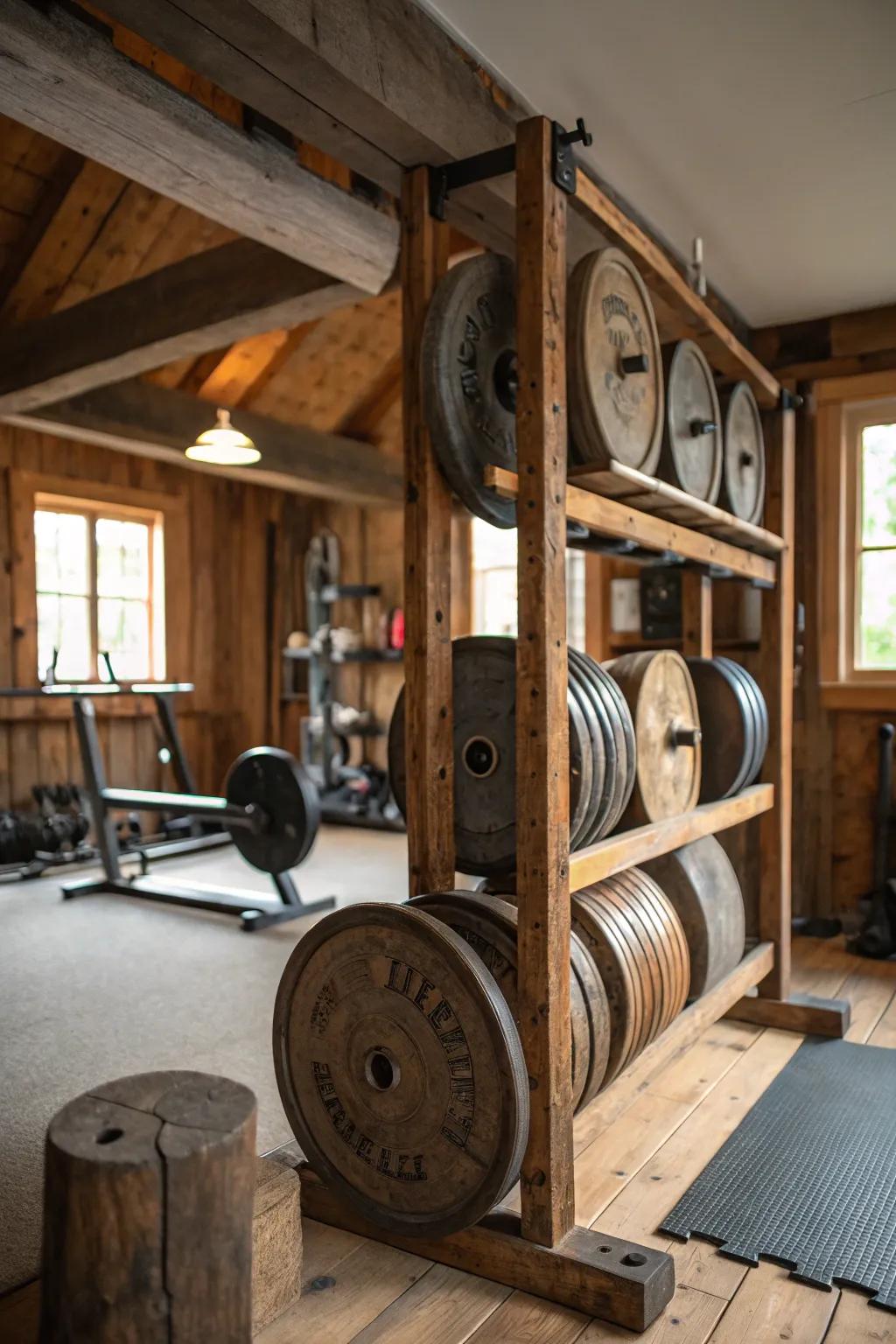 Reclaimed wood adds a sustainable and stylish element to plate storage.